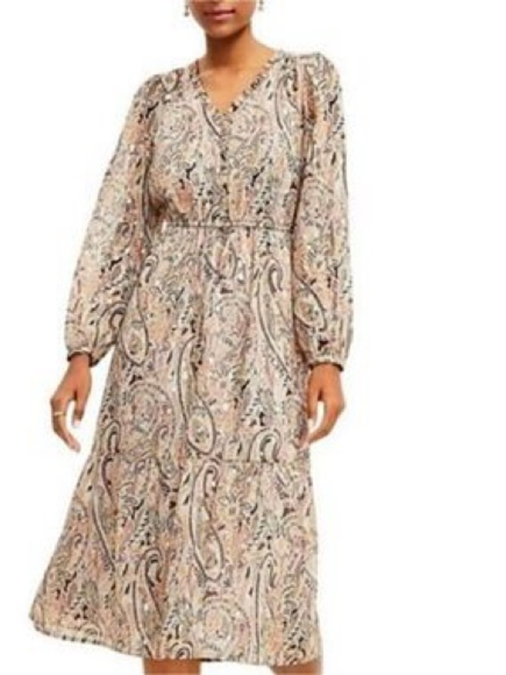LOFT Taupe Paisley Tiered Long Sleeve Maxi Dress Waist Tie & gold accents. SP